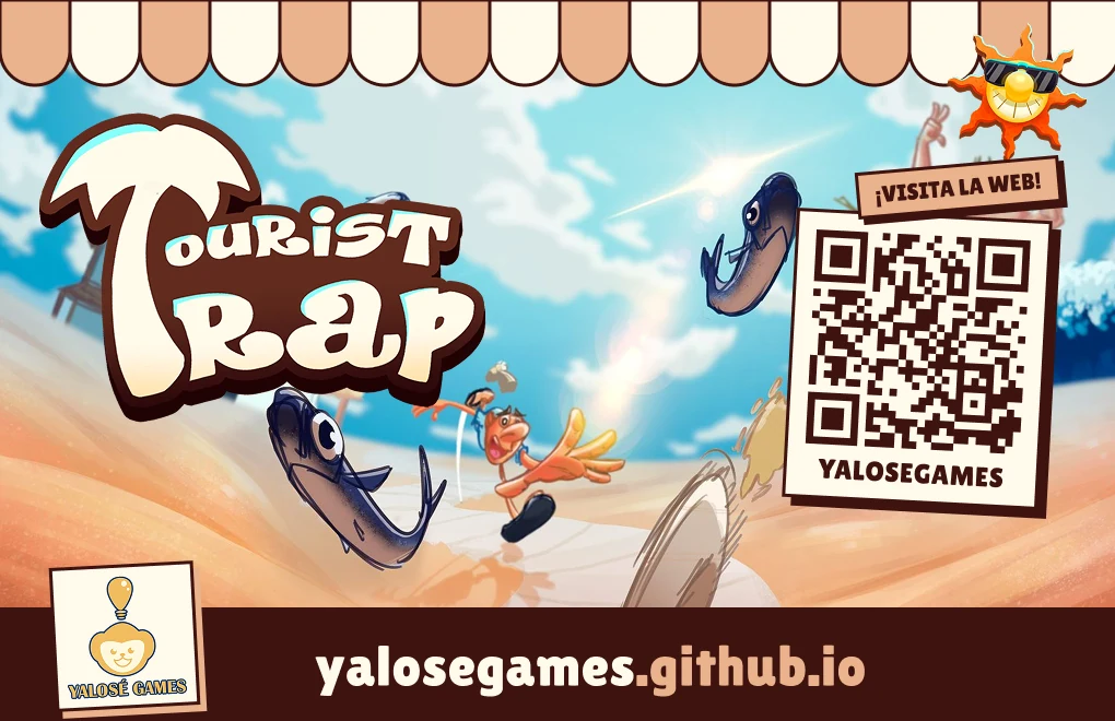 Cara de Tourist Trap de la tarjeta: logo del juego, ilustración de la playa y QR «¡Visita la web!»