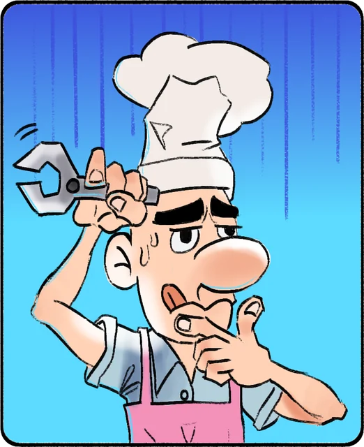 Viñeta del chef de Tourist Trap, agobiado con una llave inglesa